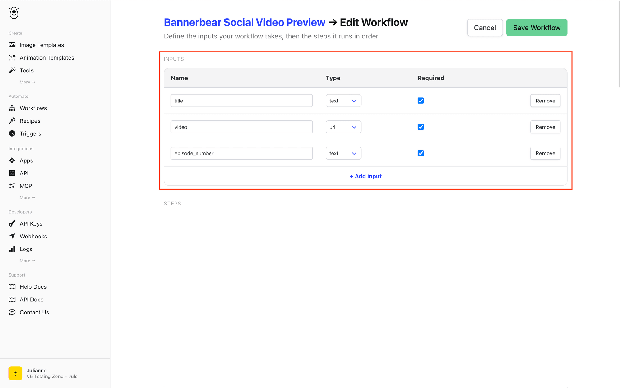 Screenshot of Bannerbear workflows input value setup