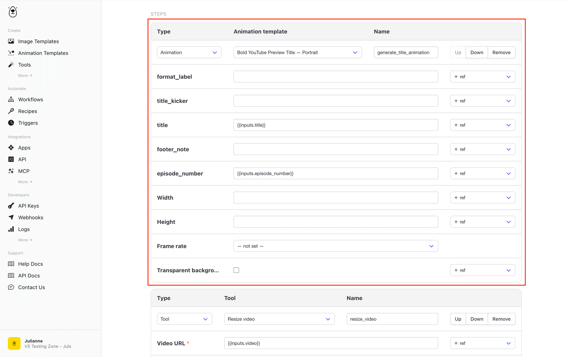 Screenshot of Bannerbear workflows title animation generation step
