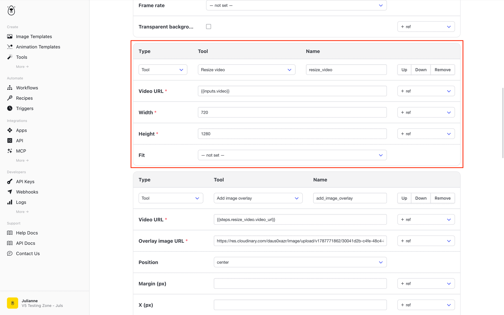 Screenshot of Bannerbear workflows resize video tool