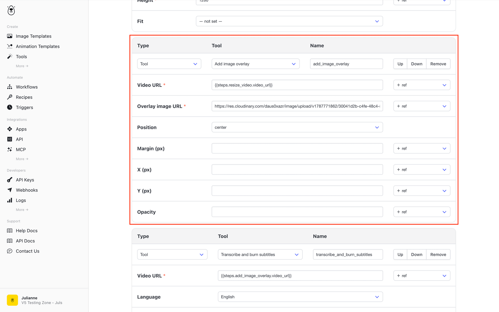 Screenshot of Bannerbear workflows add image overlay tool