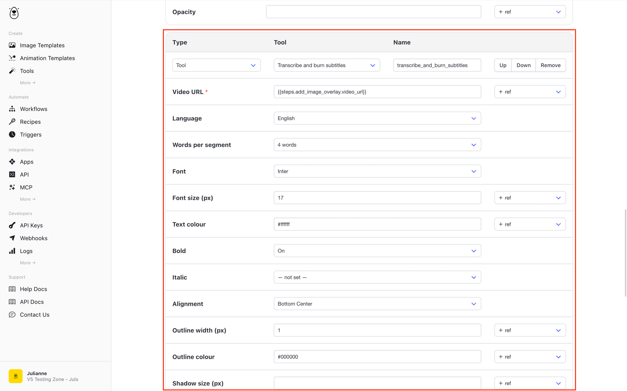 Screenshot of Bannerbear workflows subtitle tool