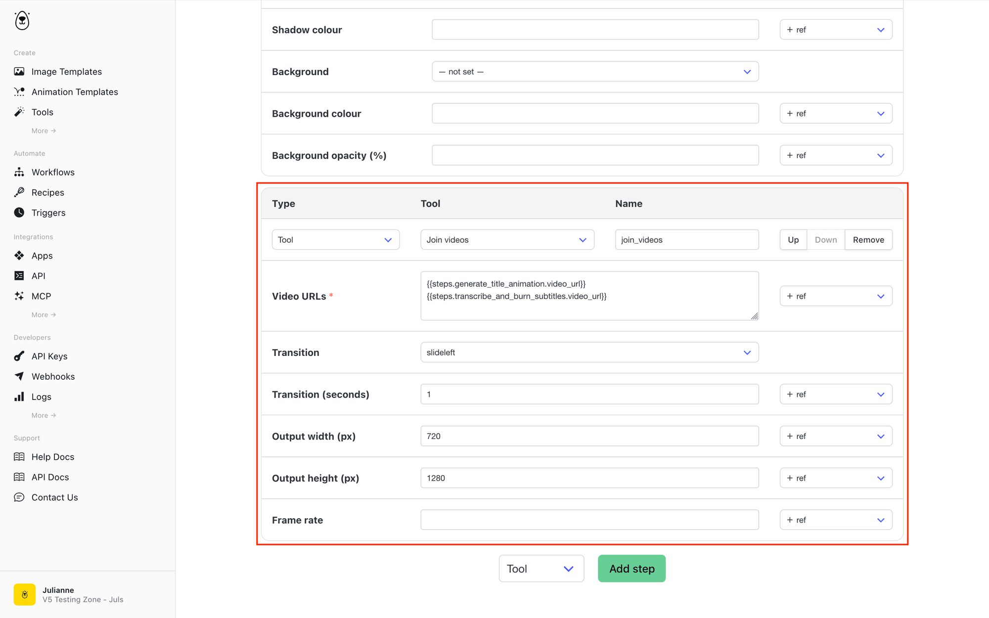 Screenshot of Bannerbear workflows join videos tool