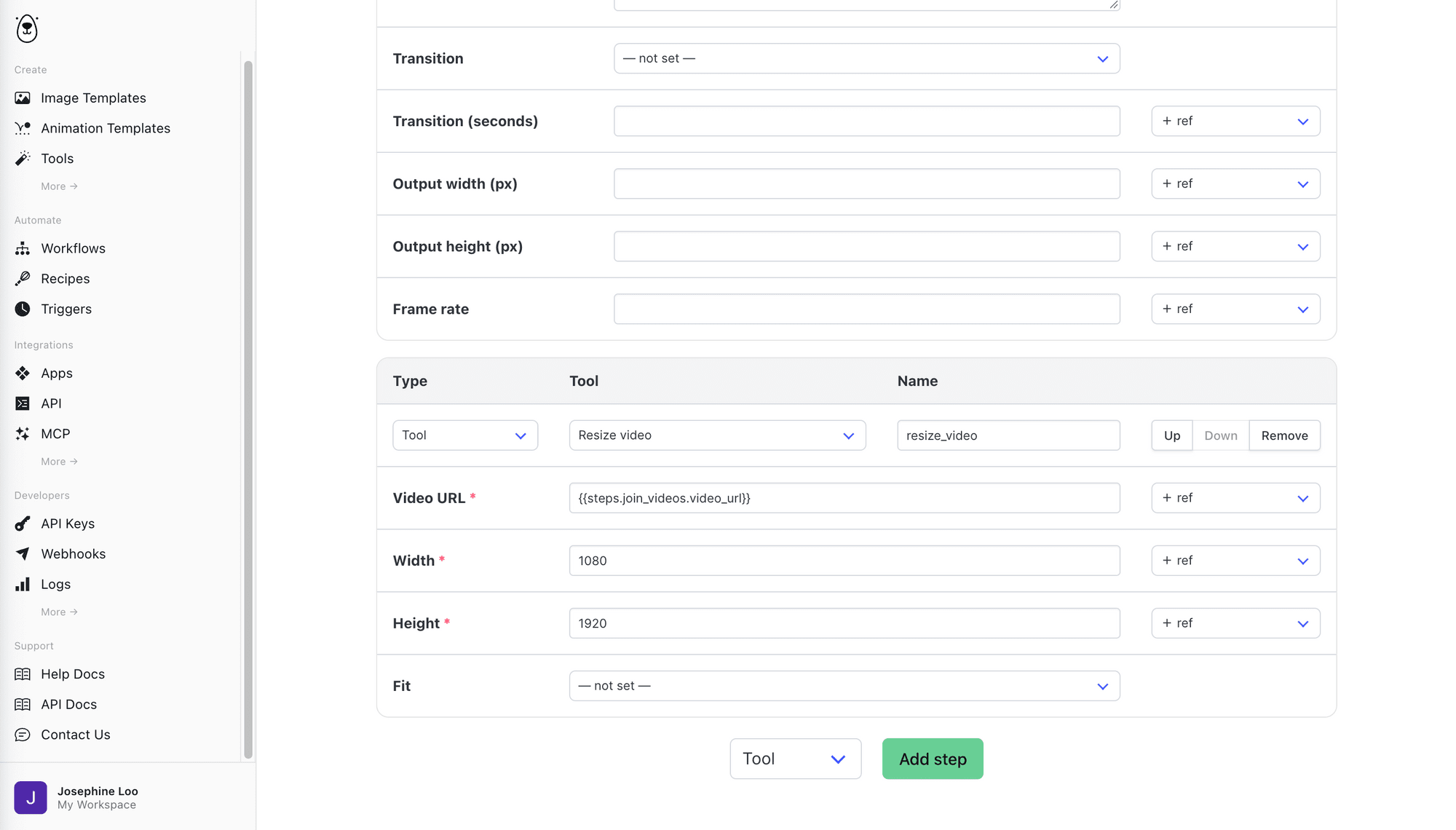 a screenshot showing the config for the "Resize video" step.png