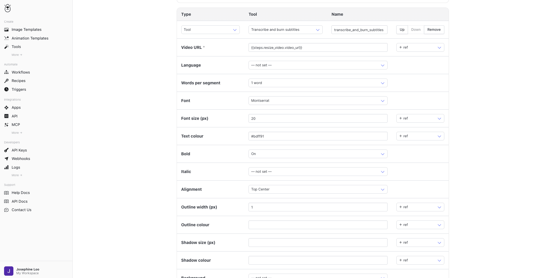 a screenshot showing the configs for the "transcribe and burn subtitles" step.png