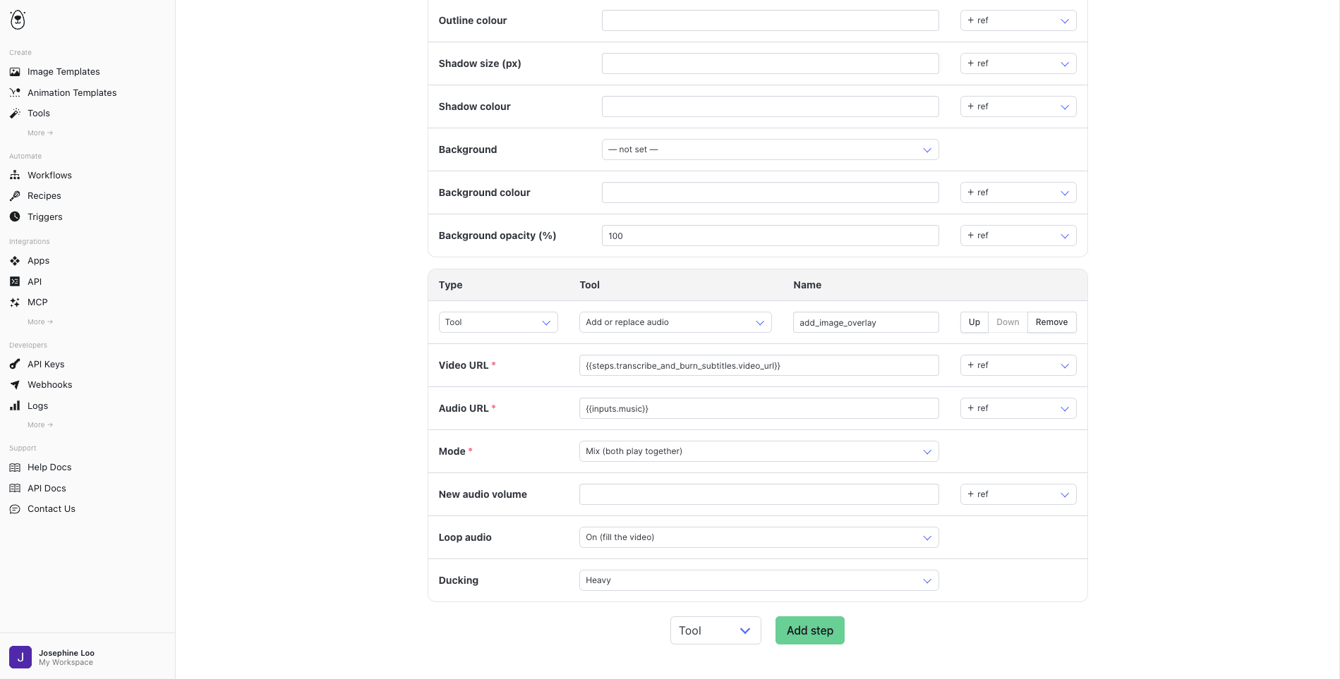 a screenshot showing the configs for the "add audio" step.png